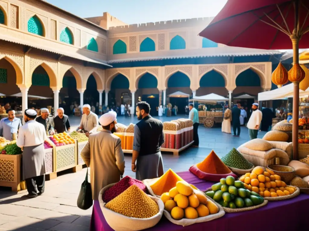 Conversaciones armoniosas en mercado oriental Un vibrante mercado en una ciudad del Medio Oriente