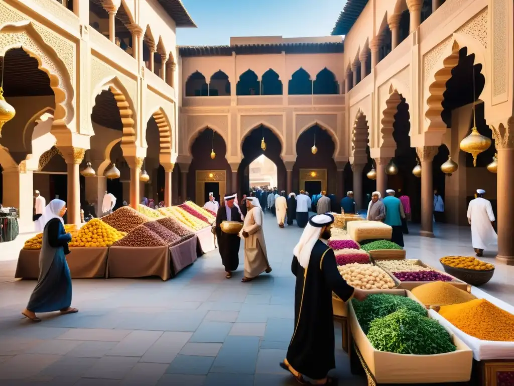 Un vibrante mercado en una ciudad del Medio Oriente, lleno de actividad y color