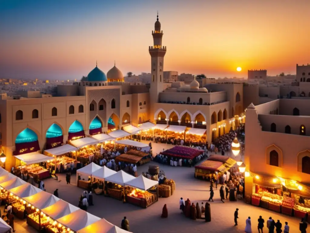 Mercado vibrante al atardecer en una ciudad del Medio Oriente Vibrante mercado en una ciudad del Medio Oriente al atardecer, donde se transmiten cuentos populares y tradiciones culturales