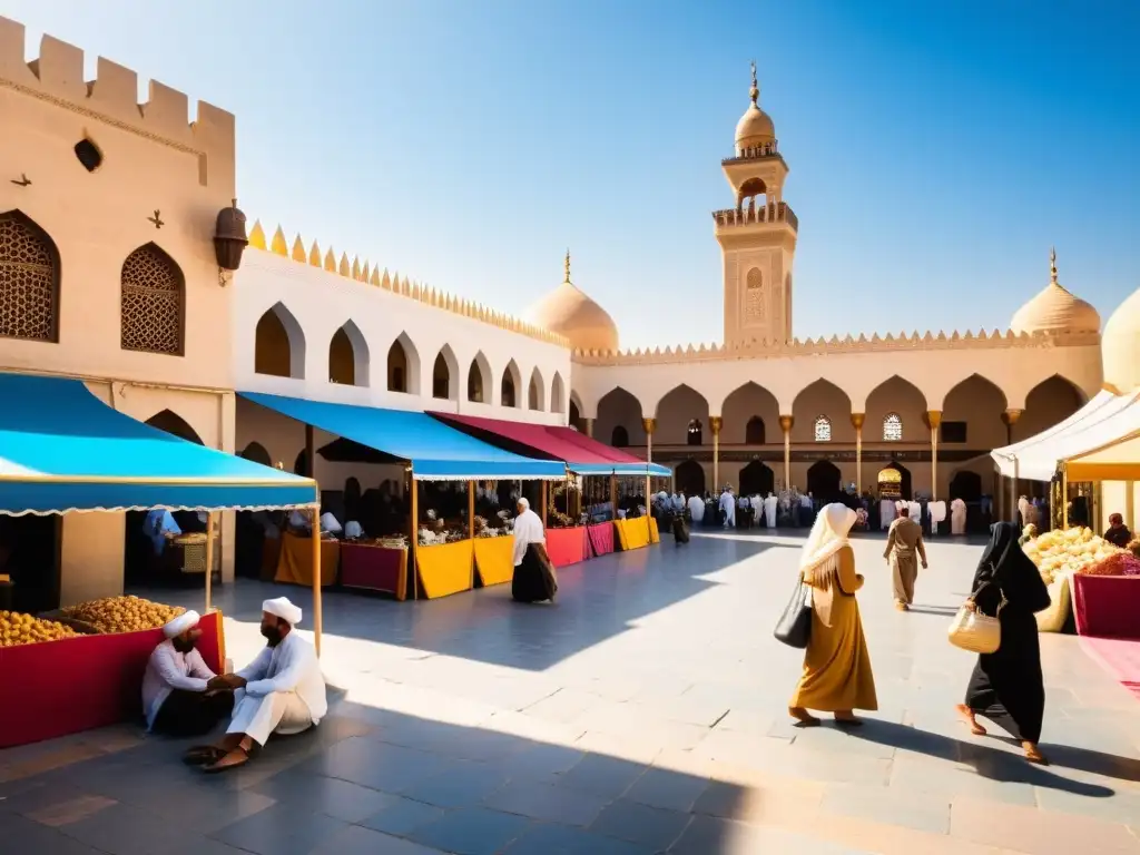 Vibrante mercado en una ciudad del Medio Oriente, con personas de diversas culturas conviviendo pacíficamente