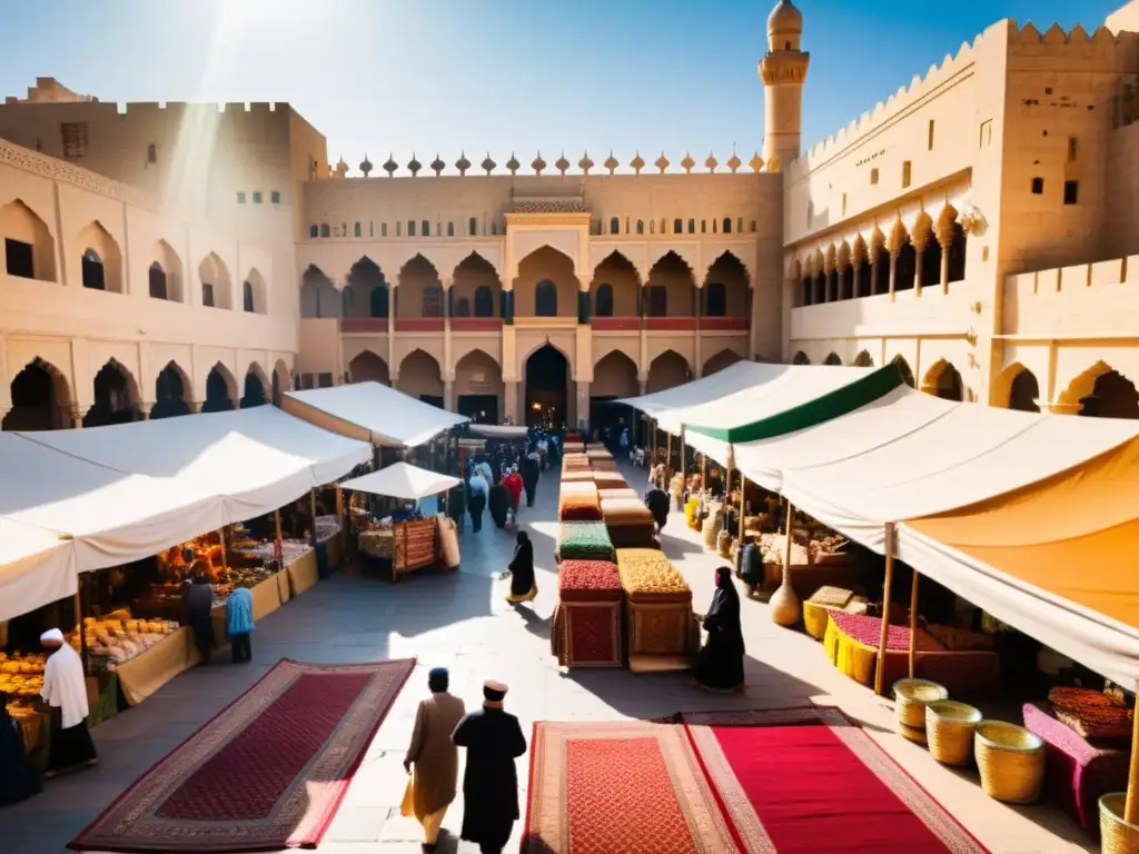 Vibrante mercado en una ciudad del Medio Oriente, con puestos de colores y una animada actividad comercial