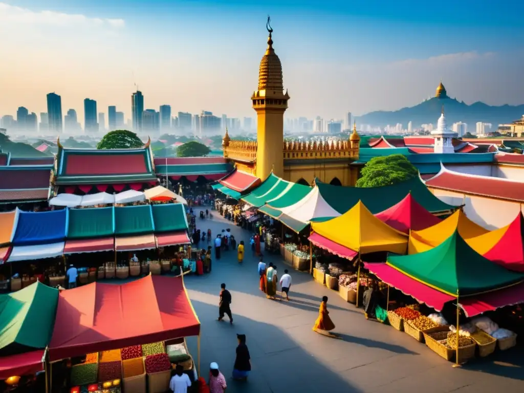 Vibrante mercado en ciudad del sudeste asiático con influencia del islam, colores y cultura local