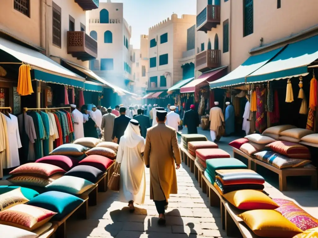 Vibrante mercado en una ciudad del Medio Oriente, con telas coloridas y moda en el mundo islámico en un cruce de tradición e innovación