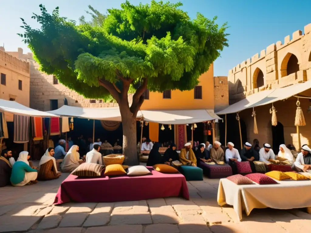 Vibrante mercado en ciudad de Medio Oriente, con textiles, especias y poetas recitando bajo un árbol