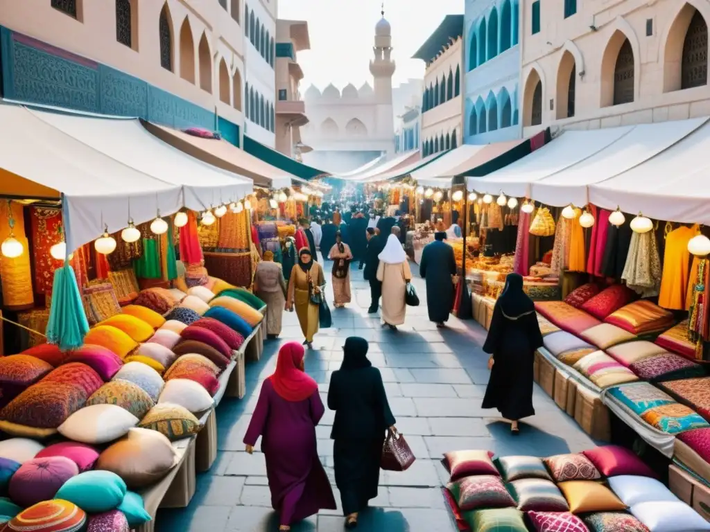 Vibrante mercado en una ciudad del Medio Oriente, con tiendas de moda islámica ética y colores vivos, reflejando la diversidad cultural