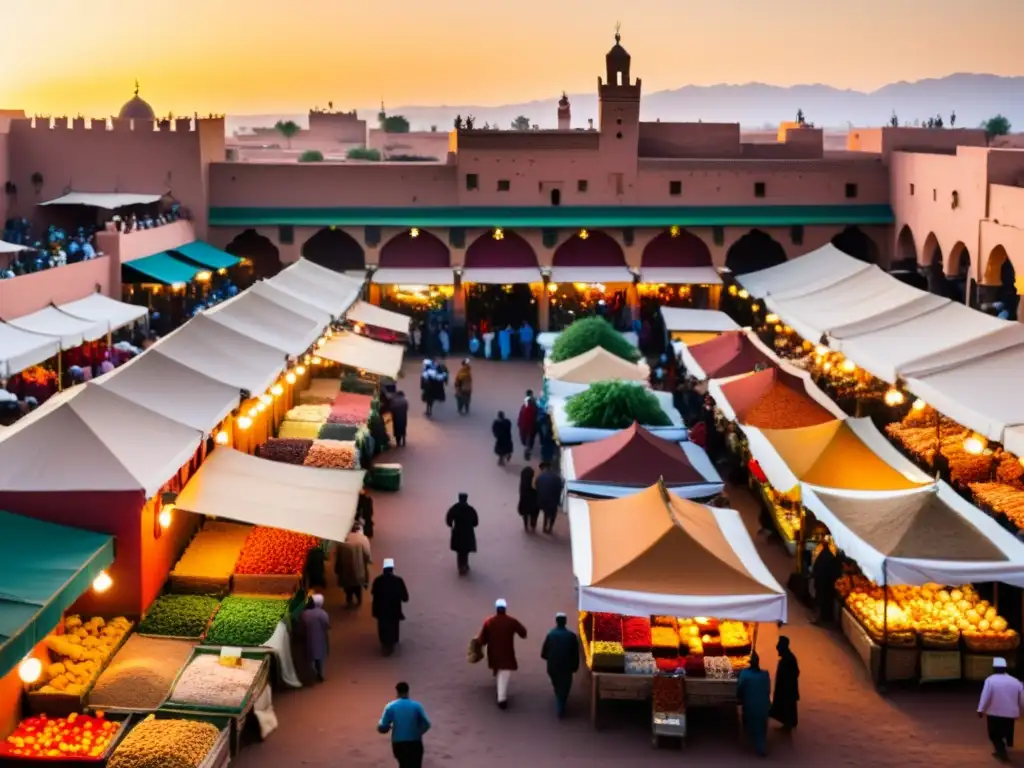 Vibrante mercado en Marrakech, Marruecos, con colores exóticos y energía en las estrechas calles