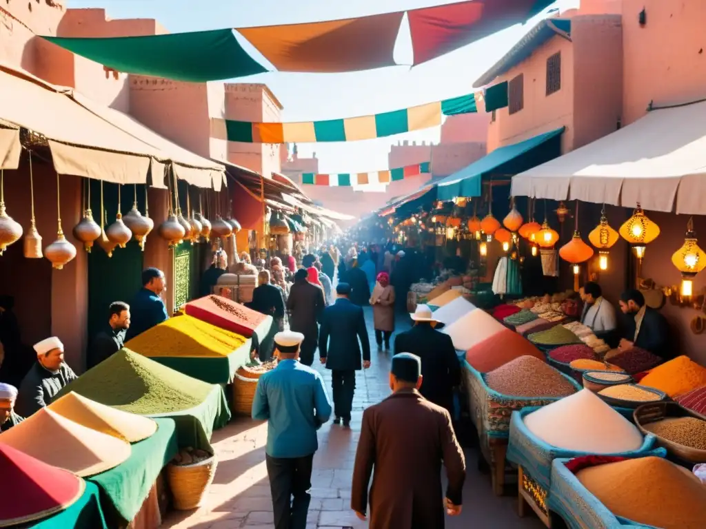 Vibrante mercado en Marrakech, Marruecos, con colores y textiles tradicionales