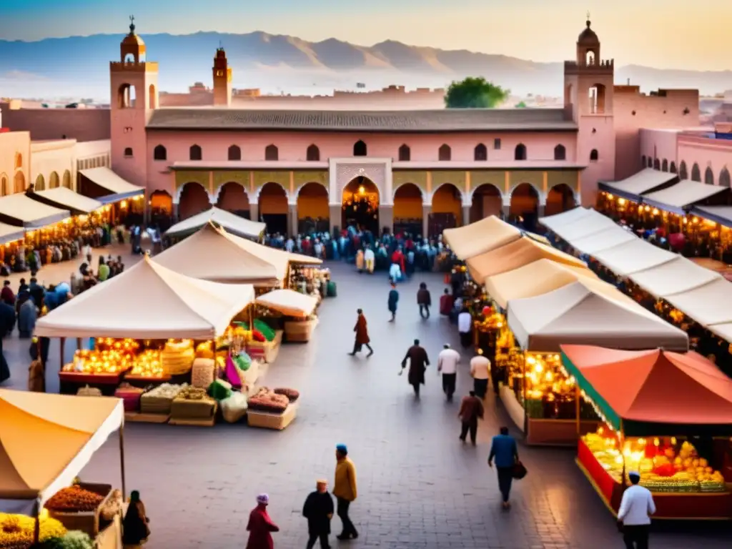 Un vibrante mercado en Marrakech, Marruecos, con colores vivos y detalles arquitectónicos