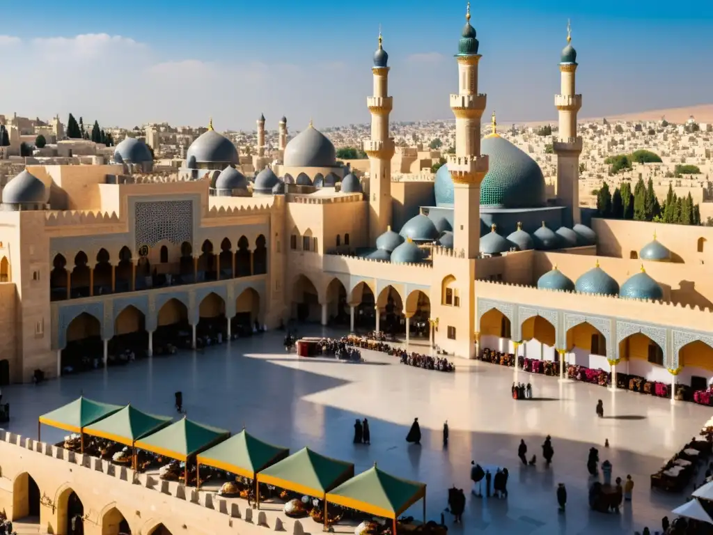 Vibrante mercado en el corazón del califato omeya, con majestuosas mezquitas y palacios de intrincados diseños geométricos y coloridos azulejos