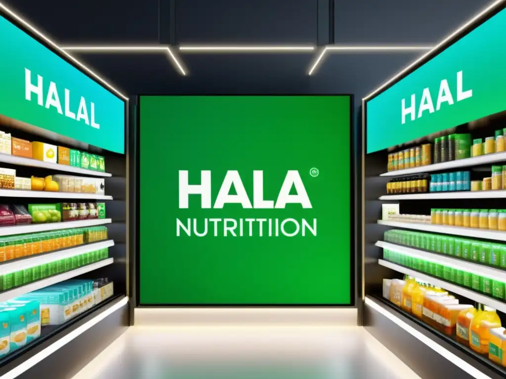 Vibrante mercado digital de Suplementos Halal para nutrición, con pantallas futuristas y gran variedad de productos