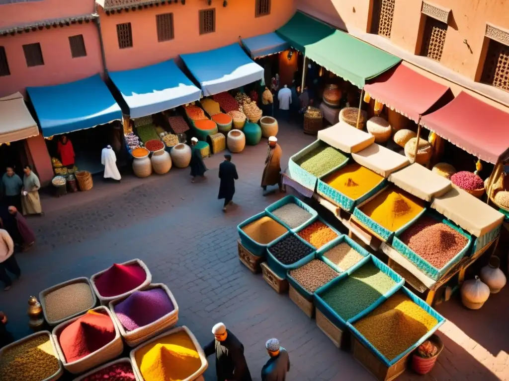 Un vibrante mercado en Marrakech, Marruecos, con edificios intrincadamente decorados y puestos rebosantes de textiles y especias