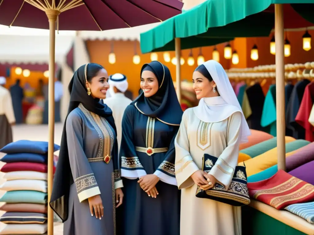 Un vibrante mercado emiratí con gente vistiendo el tradicional traje típico emiratí