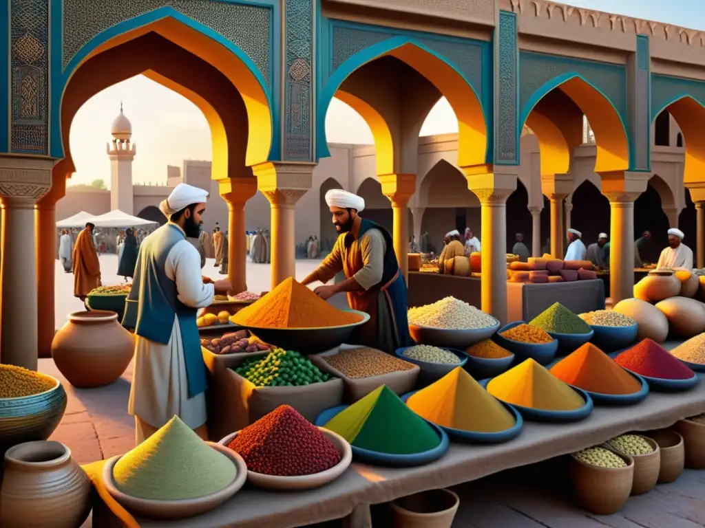 Vibrante mercado de Baghdad en la época de Al-Ghazali, reflejando la ética del trabajo en un escenario detallado al atardecer