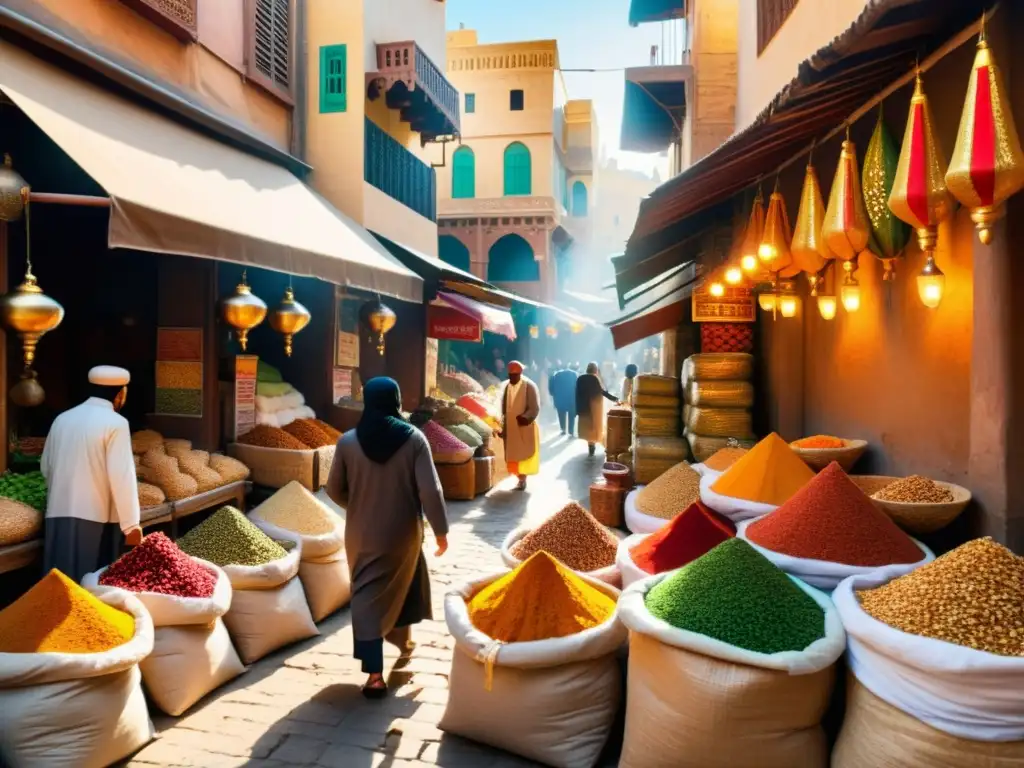 Vibrante mercado de especias en una ciudad del mundo islámico, evocando un viaje culinario único