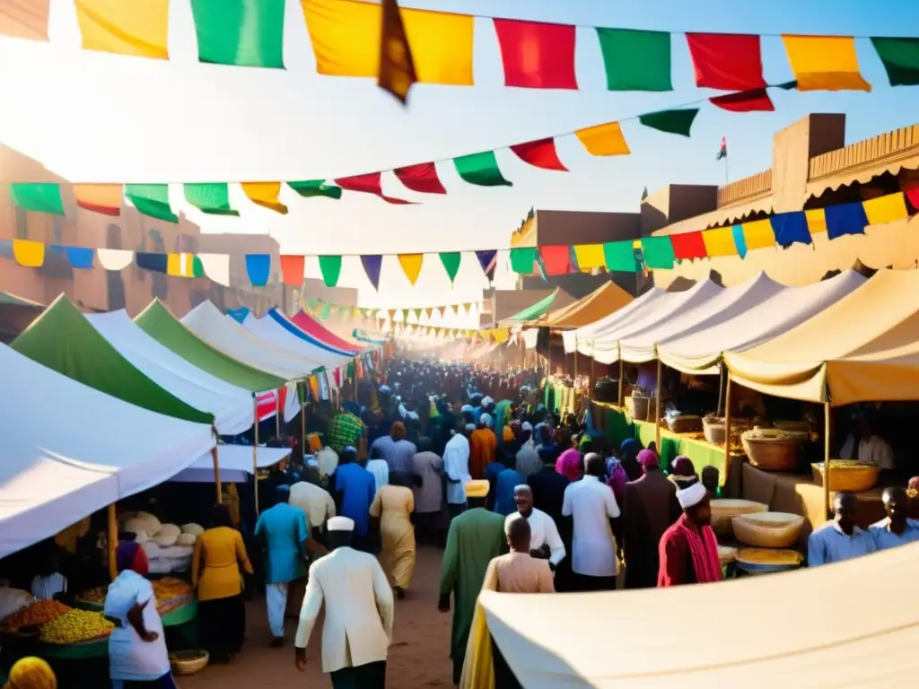 Vibrante mercado en África durante festivales islámicos, con coloridos adornos y ropa tradicional