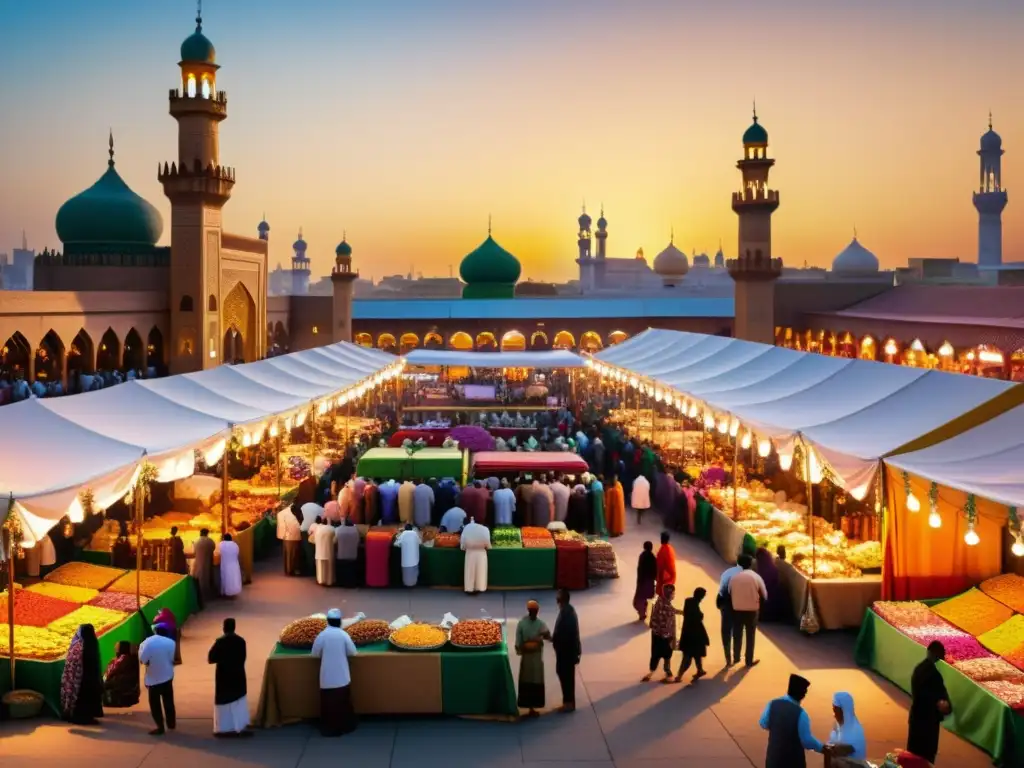 Vibrante mercado durante Eid al-Fitr con festividades islámicas tradicionales, atuendos, henna y familia disfrutando