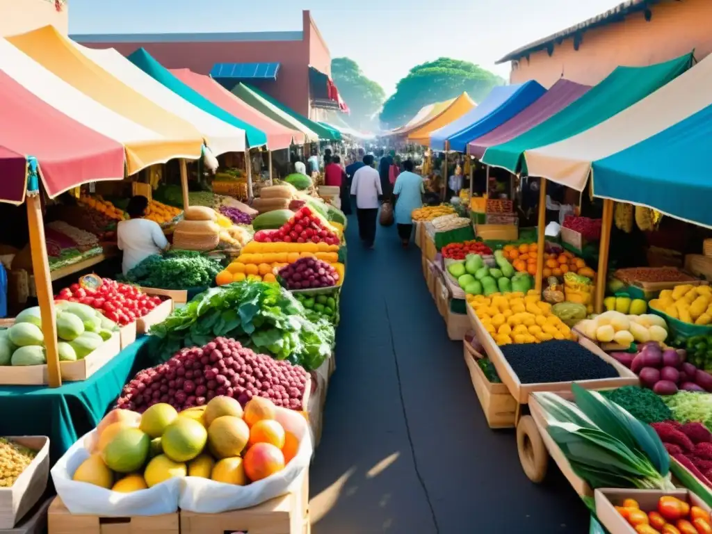 Vibrante mercado con frutas, verduras y especias, clientes diversos y plataformas online alimentación Halal innovadoras