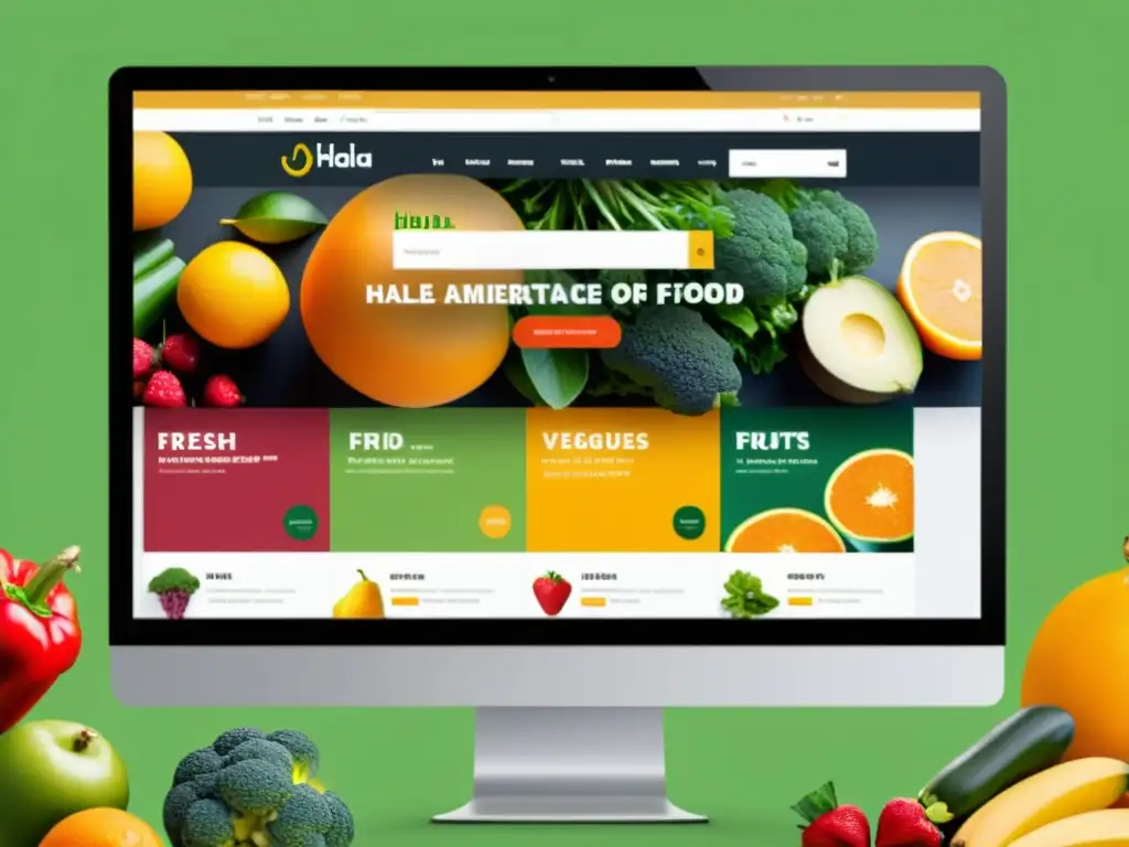 Vibrante mercado Halal ecommerce alimentos, con variedad de productos frescos y empacados