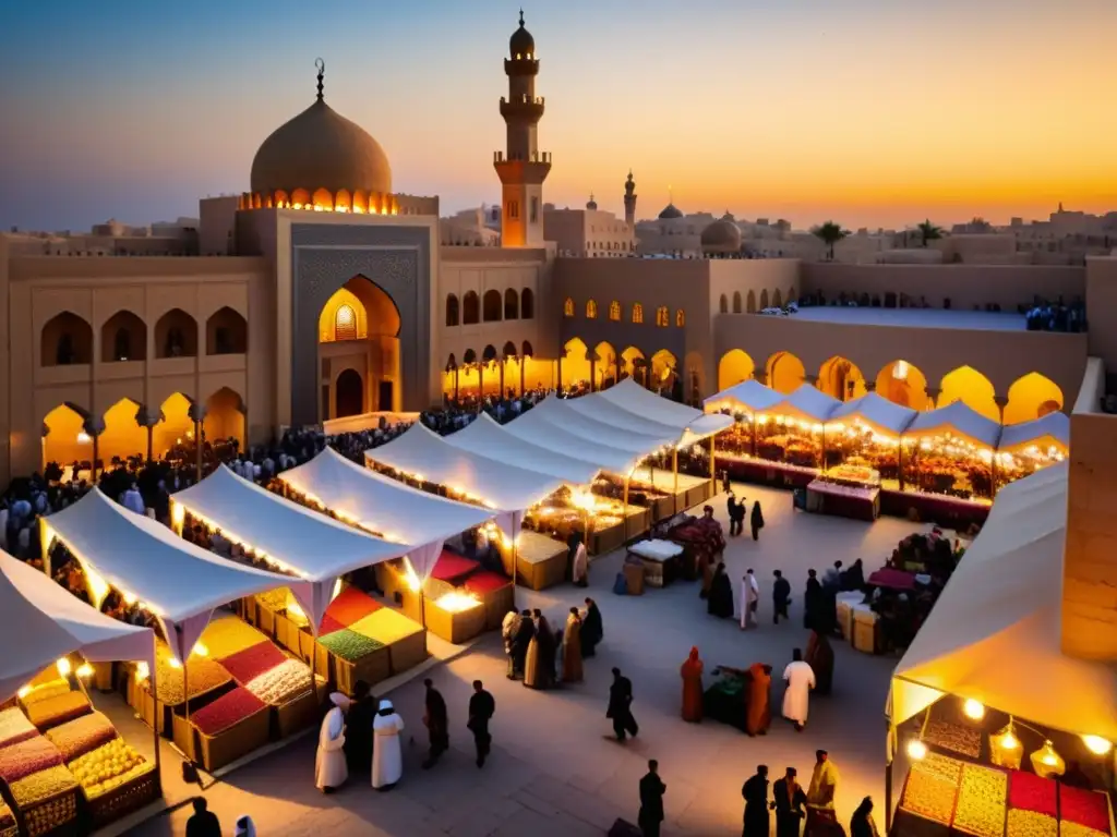 Un vibrante mercado en una histórica ciudad del Medio Oriente durante el Ramadán, con músicos, telas y especias, creando una cálida atmósfera