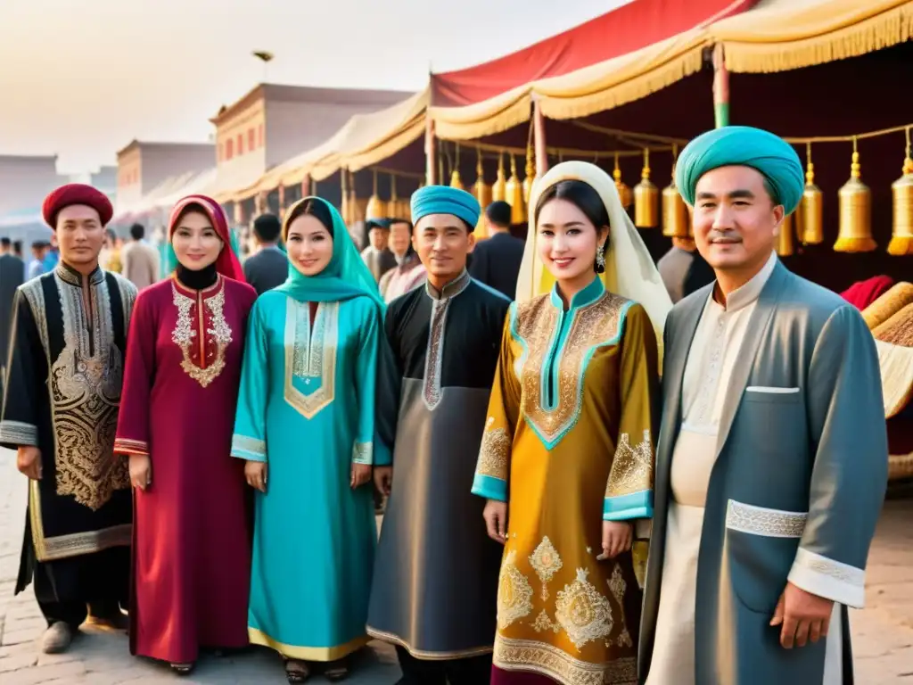 Vibrante mercado en Xinjiang, hombres y mujeres uigures vistiendo trajes tradicionales, preservando identidad islámica Uigures China