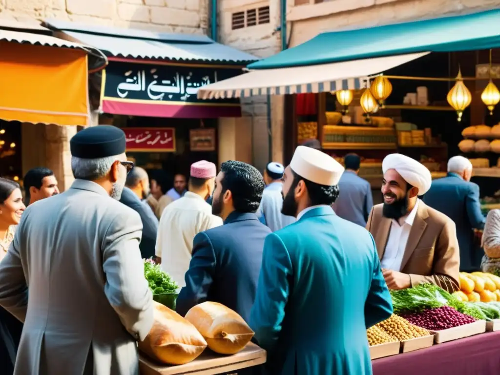 Vibrante mercado con intercambio cultural, intelectuales musulmanes en profunda conversación