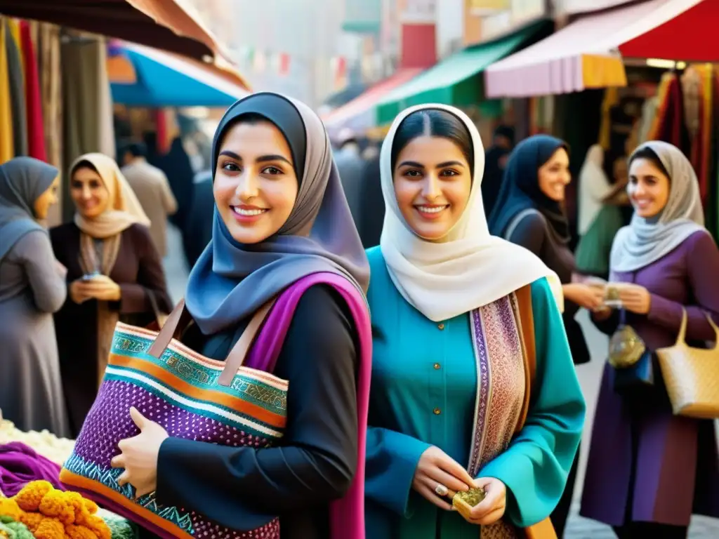 Un vibrante mercado iraní donde mujeres llevan hijabs, mostrando el significado cultural del hijab en países musulmanes