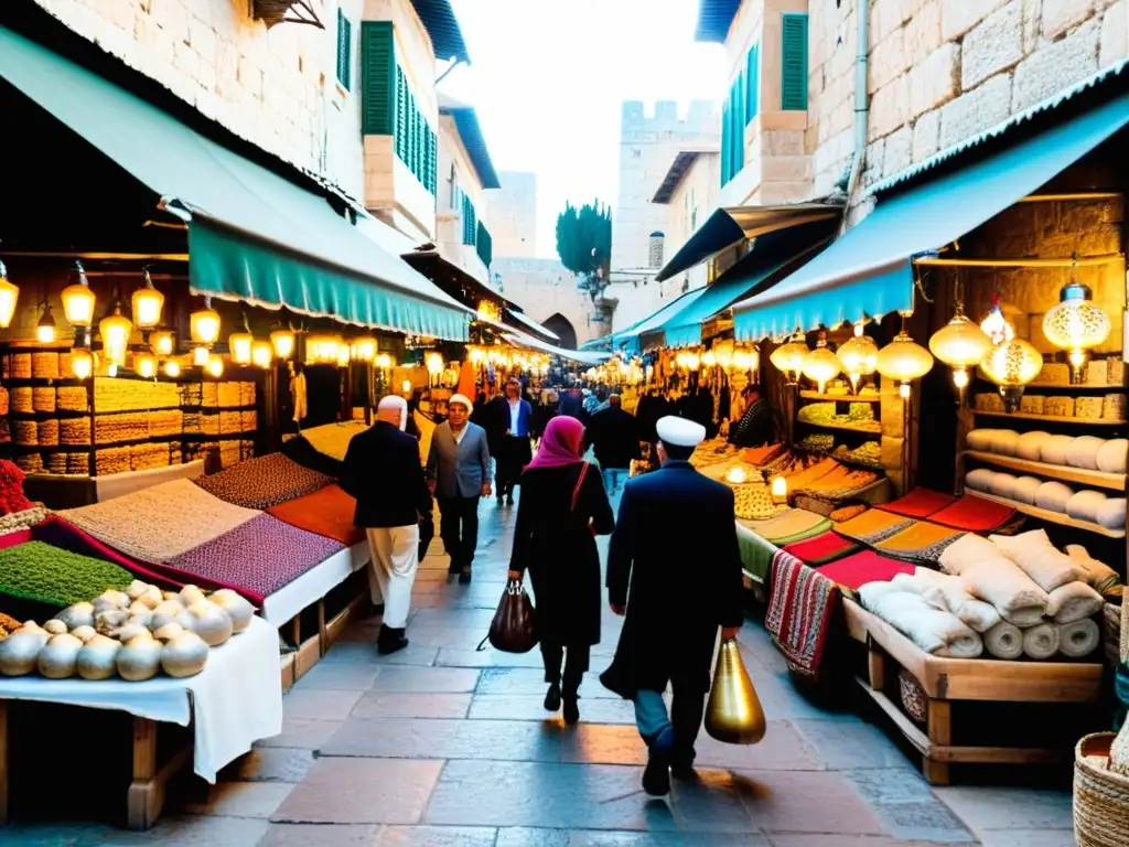 Vibrante mercado en Jerusalén islámica con textiles, alfombras, lámparas y cerámica