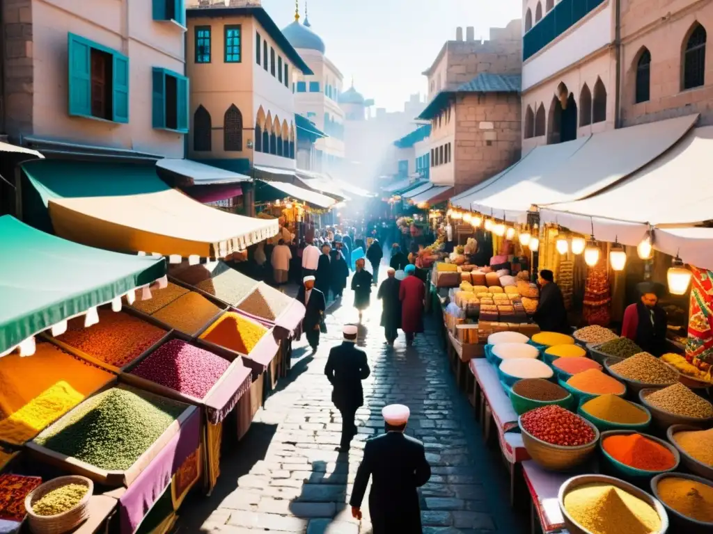 Vibrante mercado islámico con aromas y colores, reflejando la gestión financiera islámica Sharia en la vida cotidiana