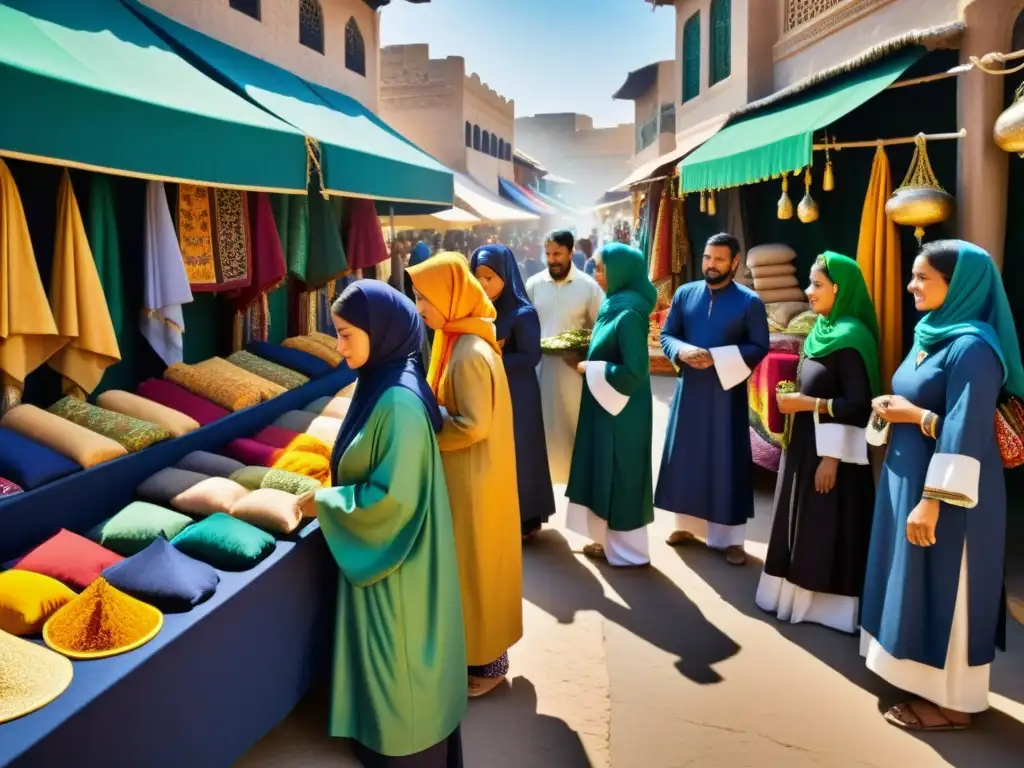 Vibrante mercado islámico con colorida vestimenta tradicional musulmana simbolizando el significado de los colores en la cultura