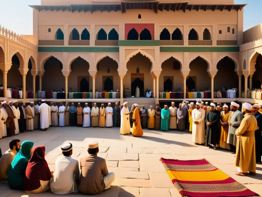 Mercado islámico: Tradición y color en cuentacuentos Vibrante mercado islámico con cuentacuentos transmitiendo valores y tradiciones, inmersos en la rica cultura de la ciudad antigua