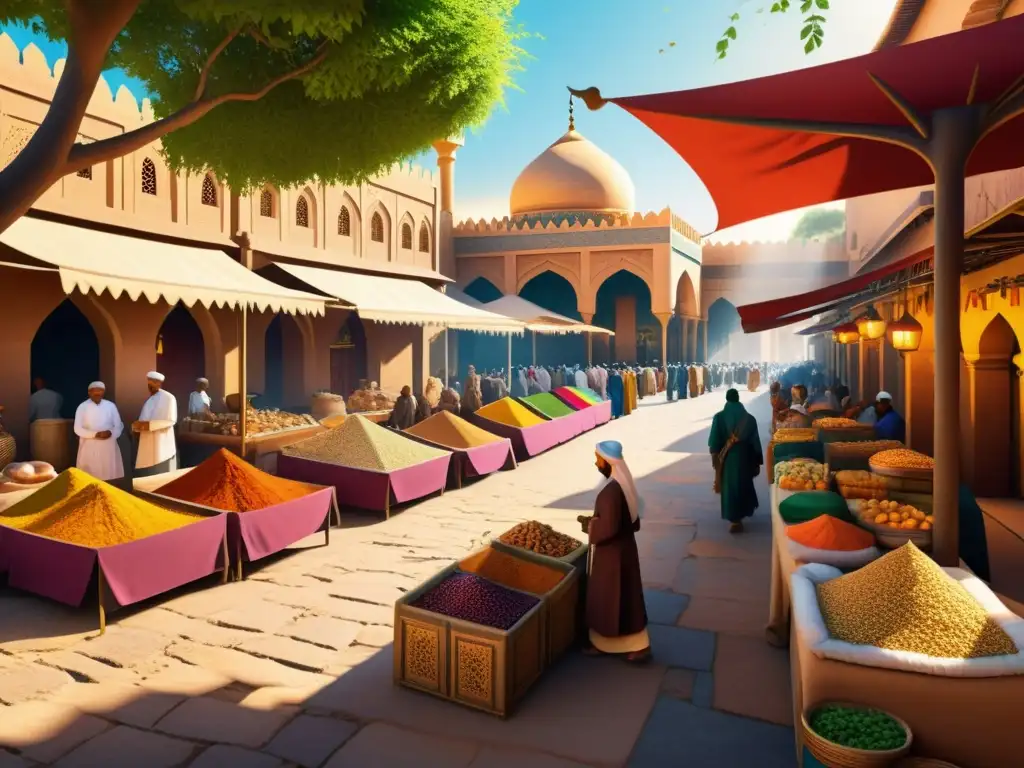 Mercado vibrante de una ciudad islámica medieval Vibrante ilustración de mercado islámico con cuentos populares, colores y tradiciones en la antigua ciudad