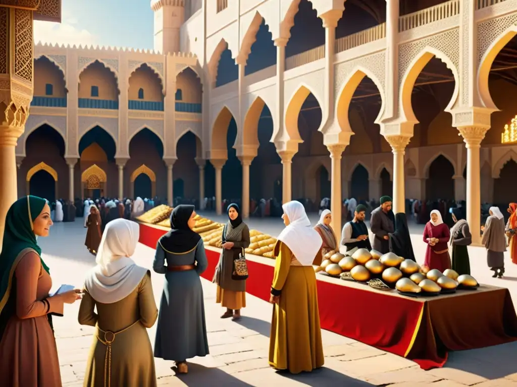 Vibrante mercado islámico medieval con mujeres en la ciencia, arquitectura ornamental y actividad bulliciosa bajo la cálida luz dorada