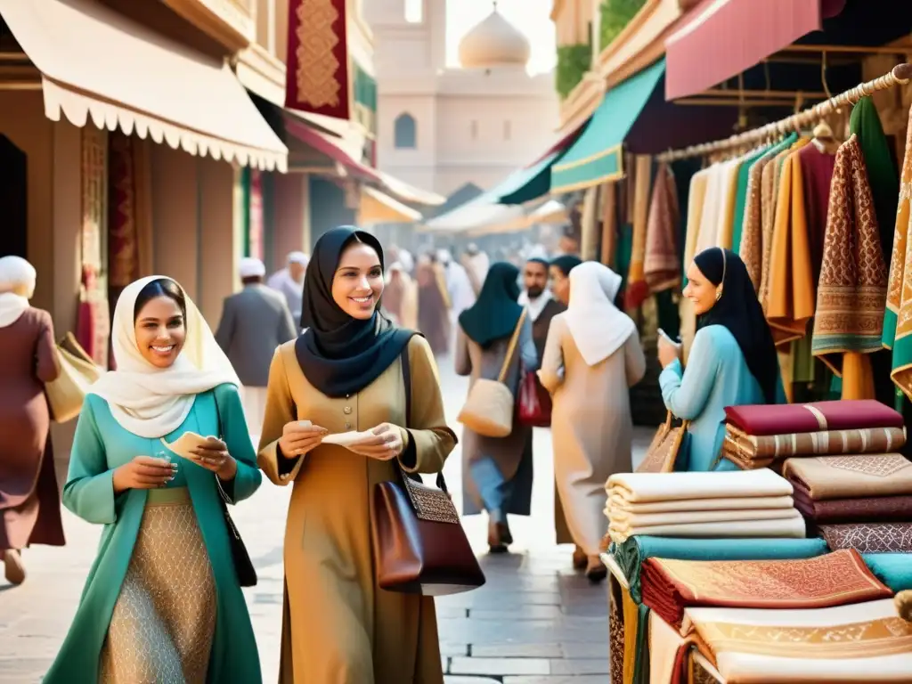 Vibrante mercado islámico con mujeres vistiendo moda tradicional, reflejando el papel dinámico de creadoras musulmanas en la moda tradicional