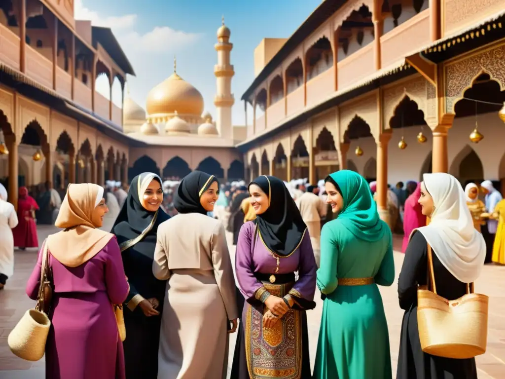 Un vibrante mercado islámico con mujeres fuertes y resilientes, reflejando la importancia de la mujer en la expansión del Islam