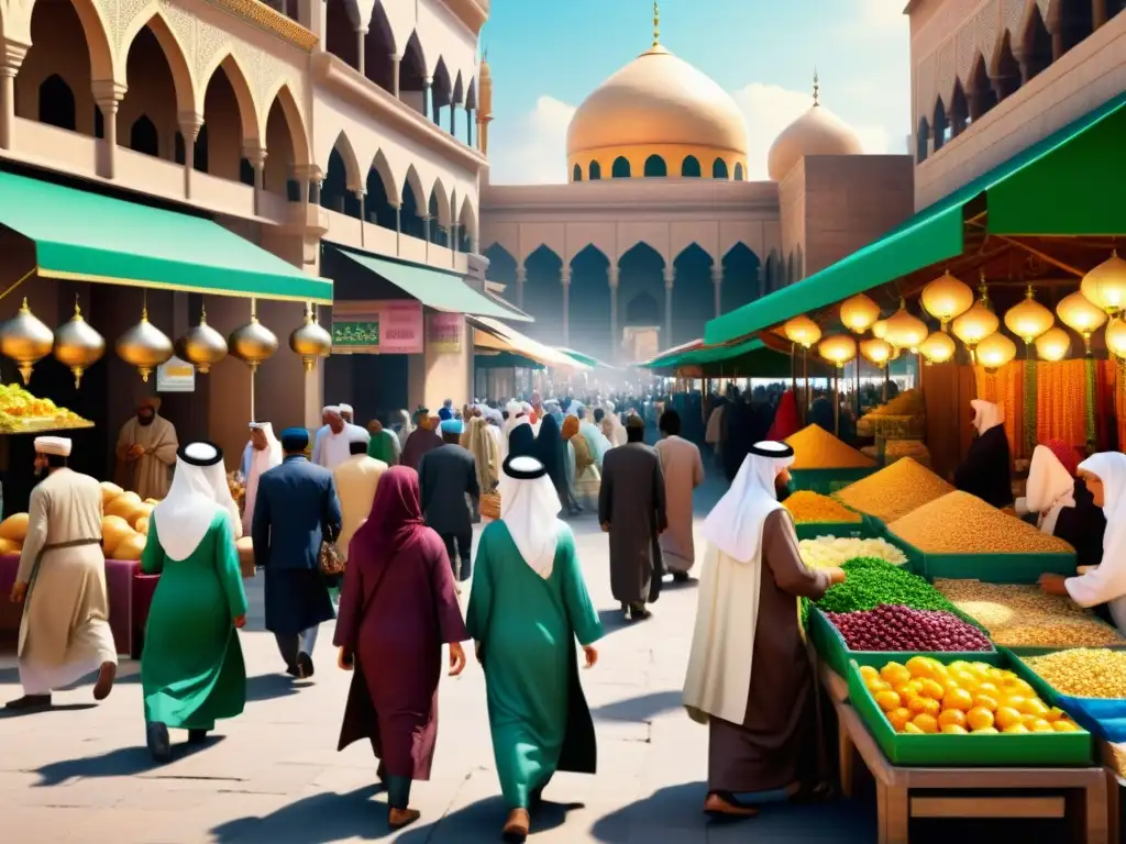 Mercado histórico islámico: diversidad y actividad económica Vibrante mercado islámico con productos financieros halal y justicia económica