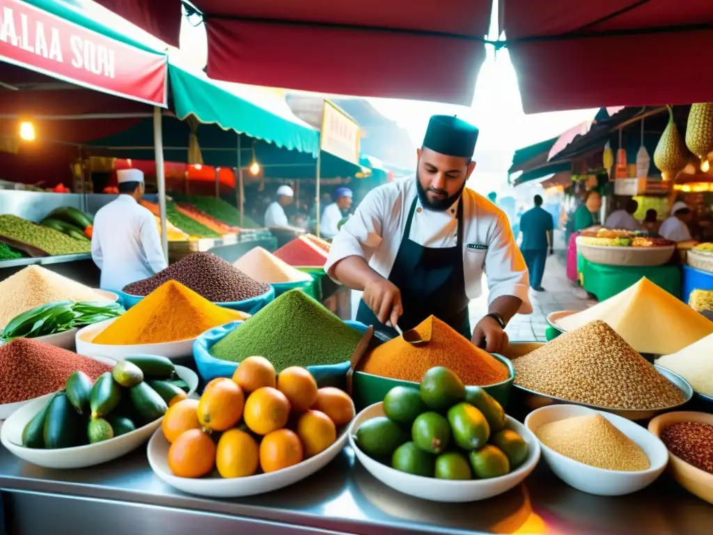 Vibrante mercado latinoamericano con integración gastronomía islámica y cocina tradicional, reflejando diversidad culinaria y comunidad vibrante