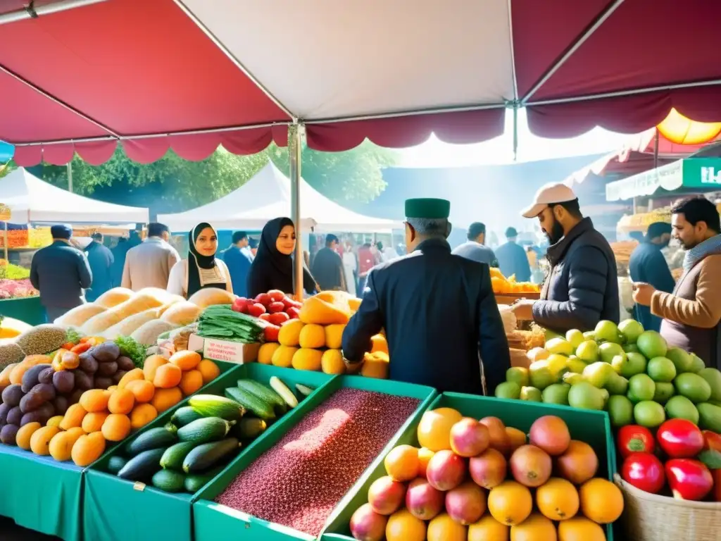 Vibrante mercado en línea de alimentos Halal, con frutas, verduras, carnes y especias