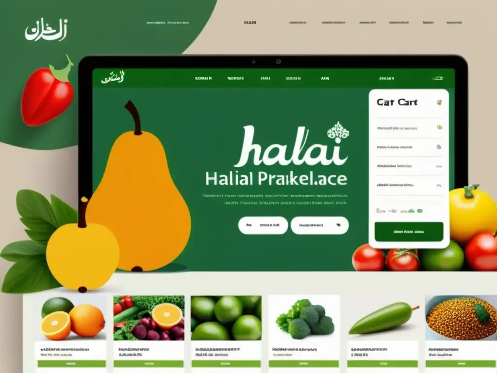 Un vibrante mercado en línea que refleja la filosofía detrás de la alimentación Halal, con una variedad de productos y una interfaz amigable