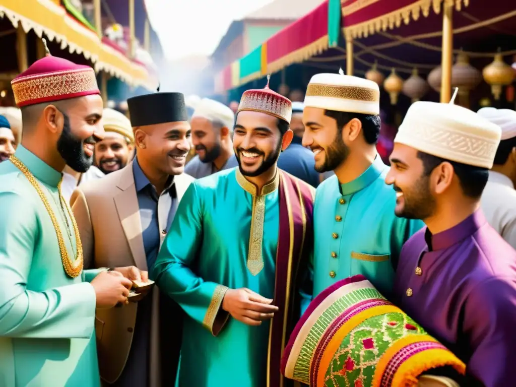 Un vibrante mercado lleno de vida, donde hombres musulmanes visten atuendos tradicionales con colores y patrones espectaculares