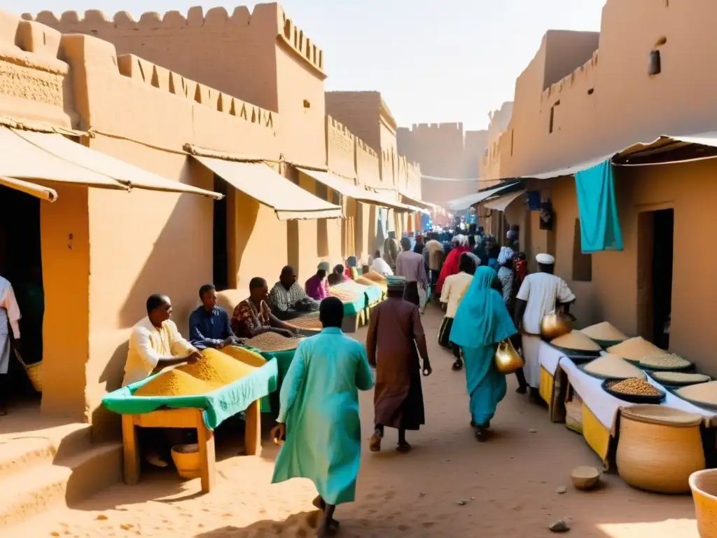 Un vibrante mercado en Timbuktu, Mali, con influencia islámica en África Occidental: telas coloridas, comerciantes locales y edificios de barro