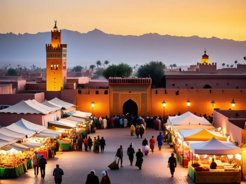 Vibrante mercado de Marrakech con la famosa Mezquita Koutoubia al atardecer