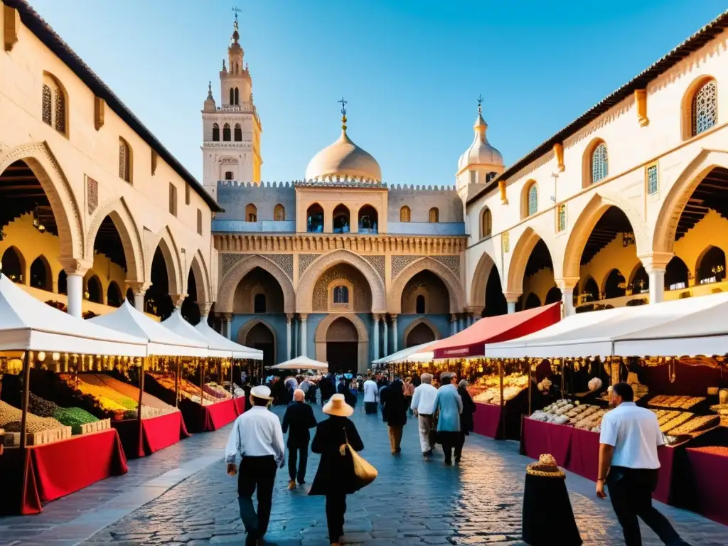 Vibrante mercado medieval en España, con arcos moriscos y convivencia de las tres culturas, bañado por cálida luz solar