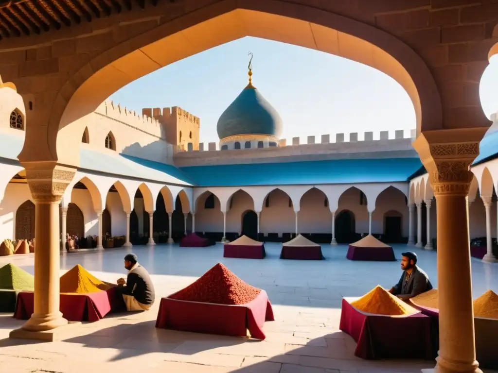 Vibrante mercado medieval con arquitectura islámica y discusión de ingenieros durante los Califatos islámicos