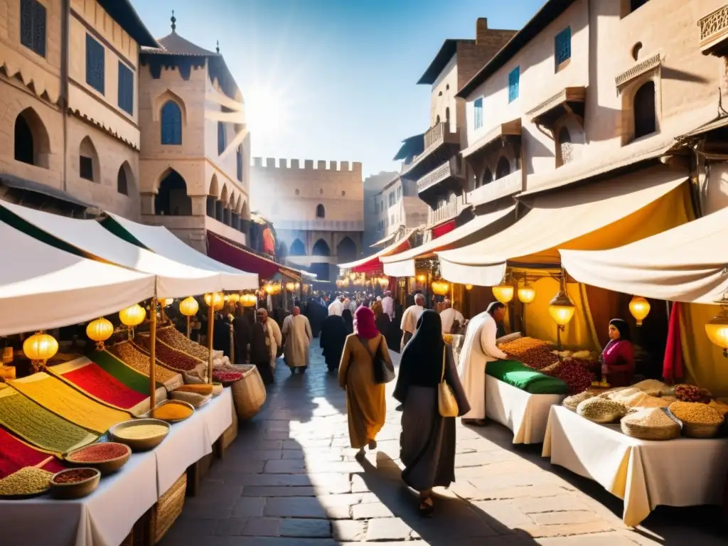 Vibrante mercado medieval en un califato, con comerciantes de diversas culturas y productos exóticos