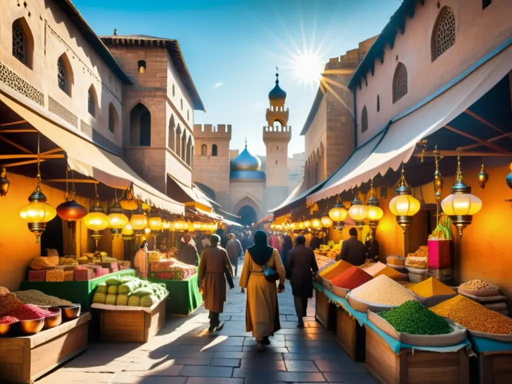 Vibrante mercado medieval en ciudad islámica, con aromas exóticos y colores vivos