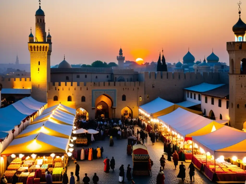 Vibrante mercado medieval en la ciudad de Ibn Khaldun, con comerciantes, textiles y especias