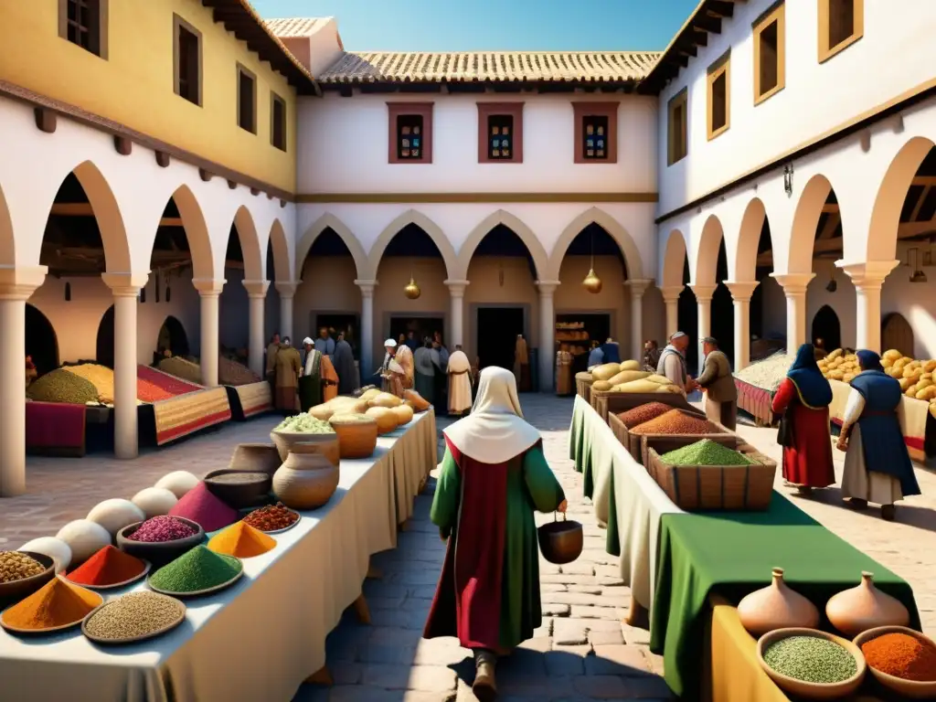 Vibrante mercado medieval en Iberia con convivencia de las tres culturas en armonía y comercio amistoso