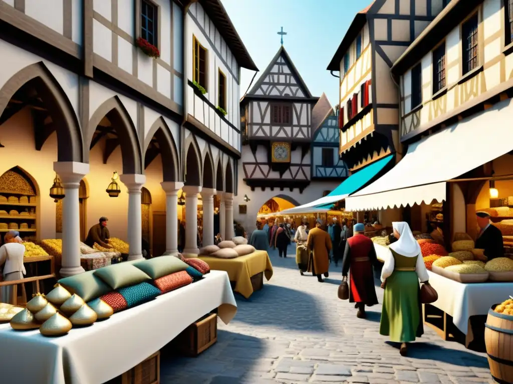 Vibrante mercado medieval europeo, con influencia islámica en textiles y arquitectura