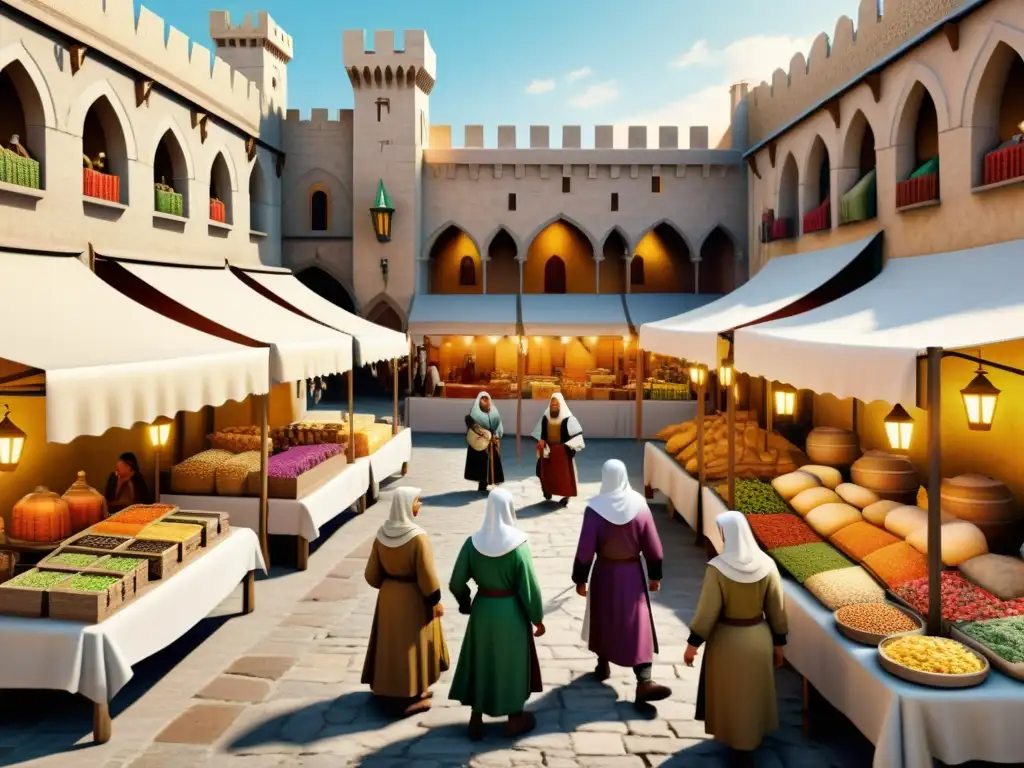 Vibrante mercado medieval con influencias culturales entre musulmanes y cruzados