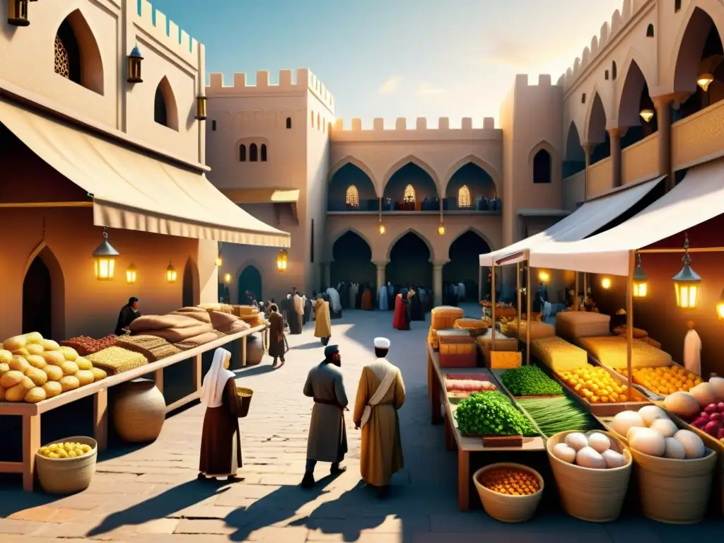 Mercado medieval islámico: escena detallada y vibrante Vibrante mercado medieval islámico del siglo VII con estrategias de expansión, comerciantes y arquitectura ornamental